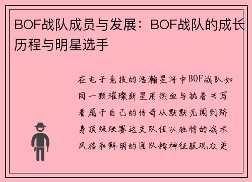 BOF战队成员与发展：BOF战队的成长历程与明星选手